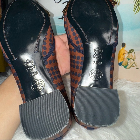 Tory Burch Bow Accent Polka Dot Chunky Heels In Brown & Navy Blue Size 7.5 - Picture 13 of 14